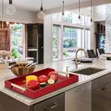 Dienblad van PU-leer, modern, elegant, rechthoekig, decoratief dienblad met metalen handvat, grote capaciteit, lederen serveerplaat voor eten, dranken, sieraden, sleutels, woonkamer, keuken, ijdelheid (karmijnrood)