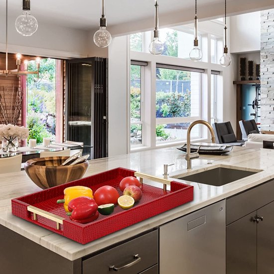 Dienblad van PU-leer, modern, elegant, rechthoekig, decoratief dienblad met metalen handvat, grote capaciteit, lederen serveerplaat voor eten, dranken, sieraden, sleutels, woonkamer, keuken, ijdelheid (karmijnrood)