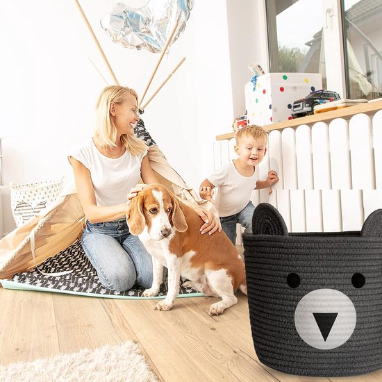 Opbergmand voor kinderen, babyspeelgoed, katoenen touw, gevlochten wasmand, klein, opvouwbaar, kinderkamer, decoratie, mand, grijze beer (28 x 28 x 24 cm)