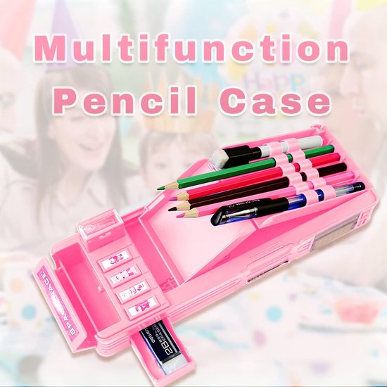 Pop-up multifunctionele etui voor jongens en meisjes, schattig cartoonpatroon etui met puntenslijper, whiteboard, beste verjaardagscadeau, roze, plastic pennenbakje