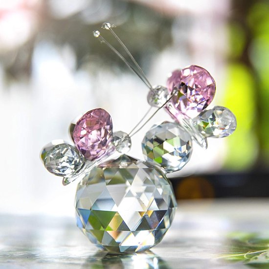 Roze kristal dubbele vlinder figuur cadeau, handgemaakt kunstglas dier verzamelstuk geschenkdoos