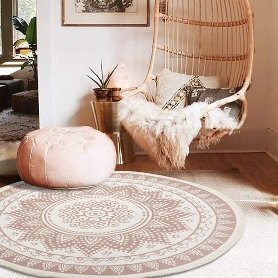 Boho, rond tapijt, binnen en buiten, 120 cm, mandala katoenen tapijten, handgeweven wasbaar, vintage tapijten met kwastjes, voor tuin, balkon, woonkamer, slaapkamer