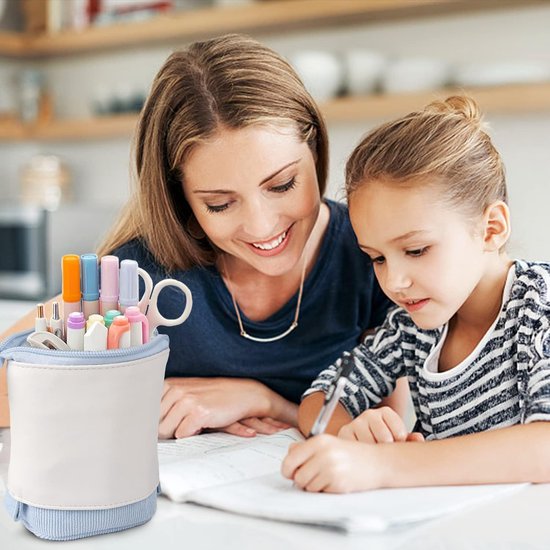 2-in-1 schattig etui, telescopisch etui, pop-up potloodhouder, intrekbaar, pennenkoker, make-uptas voor studenten, kantoor, vrouwen, meisjes en jongens, lichtblauw, Schooltassenset