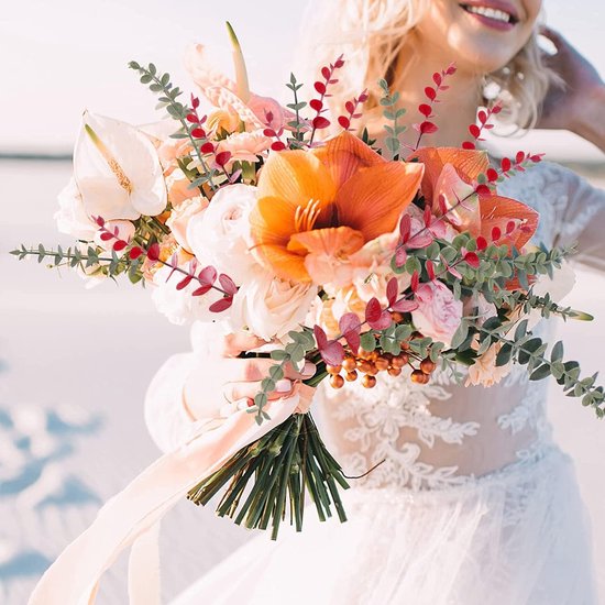 Kunstmatige eucalyptus decoratieve tak, pakket van 20 planten, eucalyptusbladeren, eucalyptusstam, kunstplanten, kunstmatige eucalyptusbomen, zilveren dollar, nepplant (20, rood)