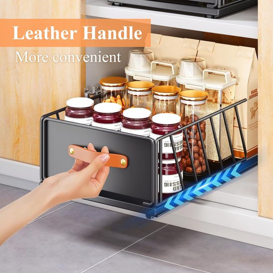 Telescopische lade, uitschuifbare lade voor kast, metalen uitschuifbare organizer met handvat, keukenopbergplank met nano-kleefbanden, mandlade voor kast, 40 x 15,5 x 30 cm, zwart
