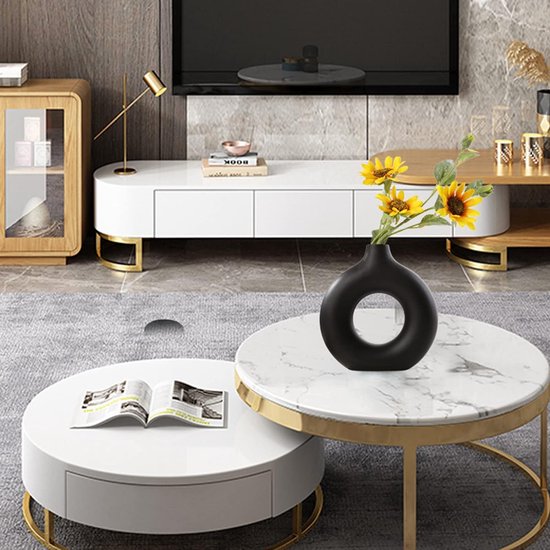 Vaas voor pampasgras, keramische vaas, mat zwart, decoratie, moderne droogbloemen, bloemenvaas, donutvaas, hol design, voor tafeldecoratie thuis, kantoor, decoratie, L+M