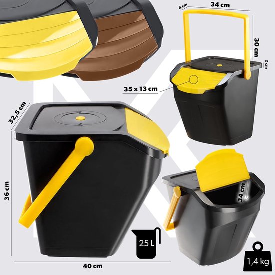 KADAX - Recycling-emmer, 25 liter afvalemmer/prullenbak met deksel - afvalemmerset voor gemakkelijke afvalscheiding, afvalverzamelaar, afvalscheider voor biologisch afval, papier, glas - 4x25L