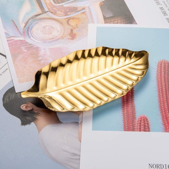 Gouden decoratieve kom sieradenbakje bladvormige roestvrijstalen organizerkom voor sieraden, oringen, sleutels en kleine spullen, perfect voor badkamer, woonkamer kaptafel