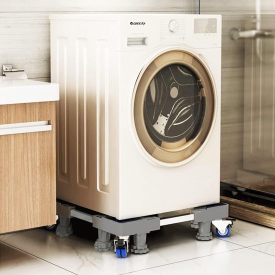 Wasmachinebasis met 8 voet + 4 wielen voor wasmachine, koelkast en droger, verstelbare wasmachinebasis met antislip schokabsorptiefunctie, (verstelbaar: 40-63 cm)