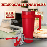 Thermobeker met handvat en rietje, dubbelwandige vacuüm roestvrijstalen isolatiebeker, voor onderweg of kantoor, voor koude warme dranken, 1200 ml, rood