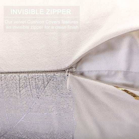 Fluwelen kussensloop, 45 x 45 cm, set van 2 stuks, crème, decoratieve kussenhoezen met bladpatroon, sofakussen, decoratieve kussenhoezen met verborgen ritssluiting, voor woonkamer, slaapkamer