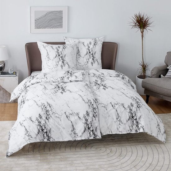 Beddengoed 135 x 200 cm, 4-delig dekbedovertrek - beddengoedset 135 x 200 cm microvezel met 2 kussenslopen 80 x 80 cm, Öko-Tex beddengoedset marmer wit patroon met ritssluiting