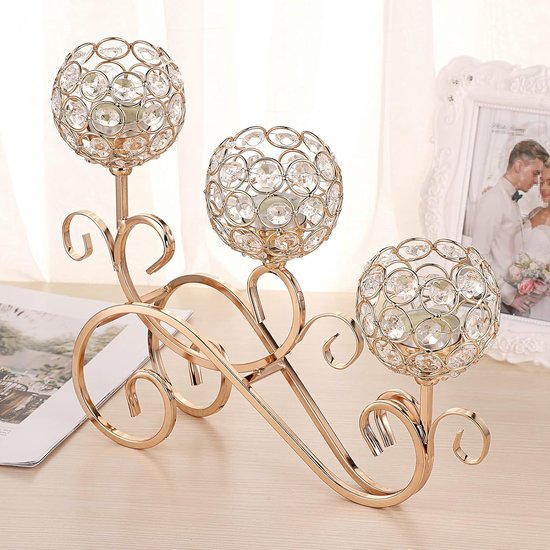 Gouden S-vormige kristallen kandelaar 3-armige kristallen schalen gemaakt van glas Metalen kandelaar Theelicht Decoratieve kandelaar Kaarsenhouder voor Kerstmis Halloween Bruiloft (groot)
