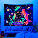 Blacklight Buitenaards Wandtapijt 150 x 200 cm Wandtapijt UV-Reactief Buitenaardse DJing met Hoofdtelefoon Wandtapijt Zon Planeet Poster Wandkleed voor Slaapkamer Woonkamer