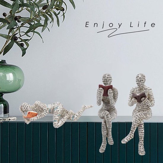 Figuur decoratie voor plank, 11 x 8 x 8 cm, kleine lezende vrouwen, gevormd sculptuur, gepersonaliseerd, handbeschilderd, lezen, schurk, desktop, boeken, rek, handwerk, standbeeld