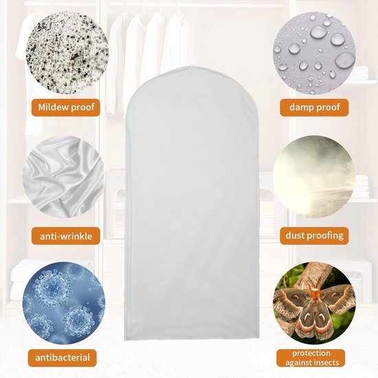 12 stuks kledingzakken, 60 x 100 cm, afdekking met ritssluiting aan de zijkant, stofdicht en waterdicht, voor overhemden, pakken, mantels