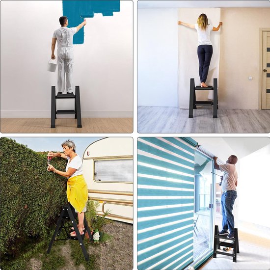 Trapladder, 2 treden inklapbaar aluminium vouwtrap, trapladder met breed anti-slip pedaal, draagbare vouwladder, opvouwbaar, huishoudelijk opstap, lichte staande ladder tot 150 kg, zwart