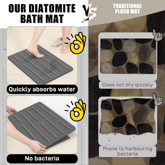 Superabsorberende stenen badmat, 100% natuurlijke diatomeeënaarde douchemat, antislip sneldrogende badkamervloermat, douchemat voor badkamervloer, gemakkelijk schoon te maken (donkergrijs)