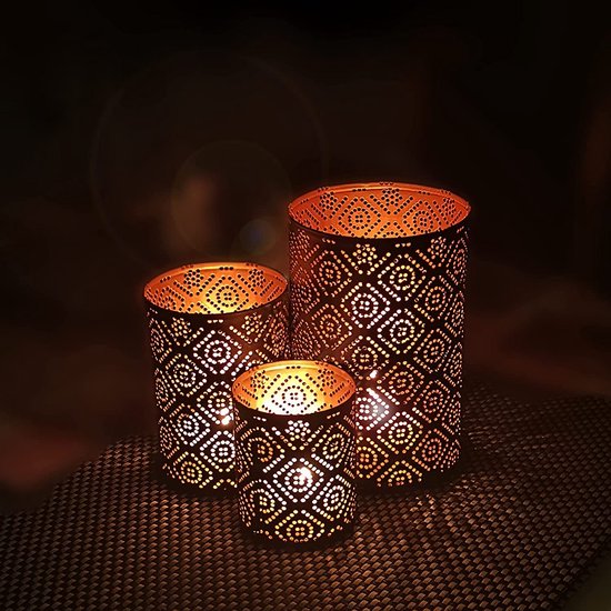 Lantaarn Set Oosterse Decoratie - Kaars/Theelichthouder Goud Zwart - Metaal - Marokkaans/Indiaas Modern Woondecoratie Lamp/Lantaarn, 3 Stuks