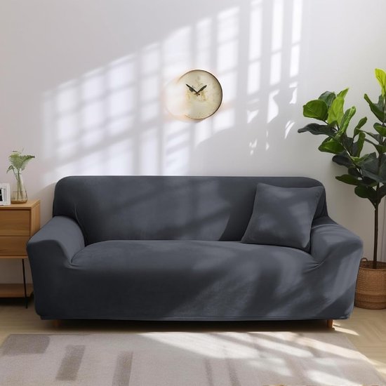 Thick Velvet Sofa Throws Sofa Cover with One Cushion Cover, Super Soft Elastic Sofa Cover in Grey Colour for 1/2/3/4 Seater (L-Shaped Corner Sofa Requires Two)