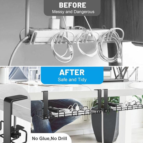 Kabelgoot bureau zonder boren - set van 2 kabelmanagement bureau van staal - incl. accessoires - kabelmand klembaar ondertafel - bureau organizer voor kantoor / thuis - zwart