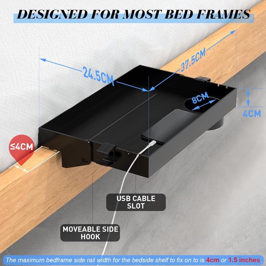 Inklapbaar nachtkastrek, bedplank, stapelbedplank voor kinderen, nachtkastje om op te hangen, mini-nachtkastje om vast te klemmen, met bekerhouder, 24,5 x 37,5 cm, zwart