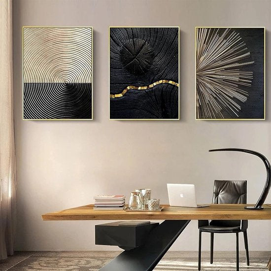 Set van 3 design-posters, wandschilderijen, Nordic zwart-wit, goud, jaarringlijnen, zonder lijst, wandschilderij print kunstposter, decoratie voor de woonkamer (40 x 50 cm)