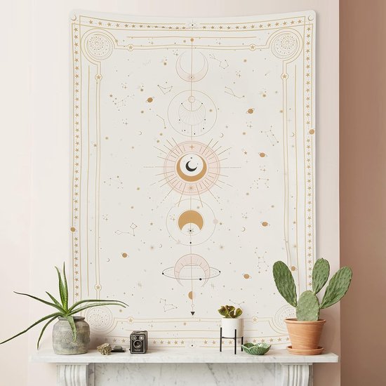 Maanfasen wandtapijt, mysterieuze sterrenhemel, tarotkaarten, wandtapijt, esthetische retro astrologie, muurkunst voor slaapkamer en woonkamer, beige, 210 x 150 cm