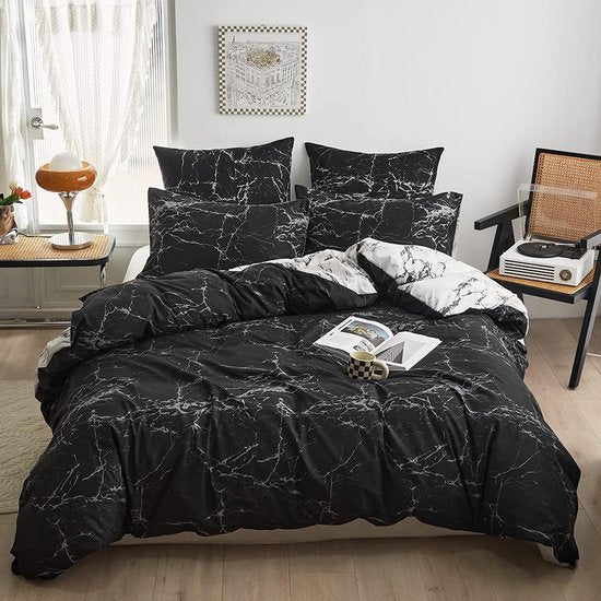 Marble beddengoedset, 2 stuks, wit met bedovertrek trek 155 x 220 cm + kussenlus 80 x 80 cm, voor dames en hier, eenpersoonsbed, omkeerbaar bedovertrek trek, comfortabel