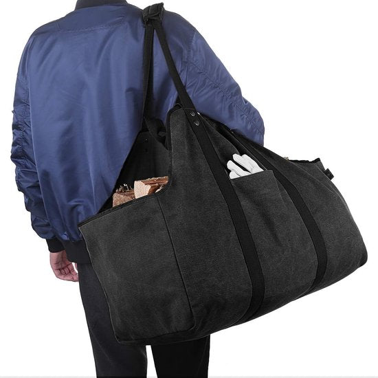 Extra grote brandhoutdrager, houten mand, brandhouttas, draagtas van zeildoek met 2 handgrepen, zwart