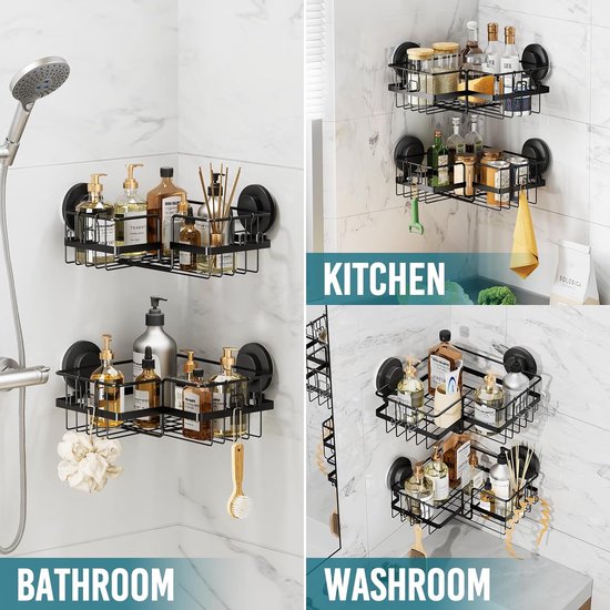 Corner Shower Caddy Suction Cup Shower Shelf No Drilling Shower Corner Basket Suction Heavy Duty Max Hold 10 kg for Bathroom & Kitchen Corner Shower Rack Black in Iron