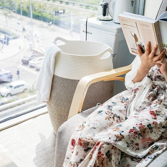 wasmand grote opbergmand van gevlochten katoenen touw voor vuile kleren in de wasruimte 65 cm hoog, wit en bruin