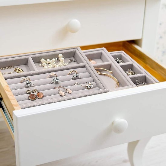 Sieraden Lade Organizer Box, Stapelbare Set van 4 Sieraden Accessoires Opbergset, voor Oorbellen, Armbanden, Armbanden, Kettingen en Ringen, Opbergdoos voor Sieraden, Oorbellenhouder (Grijs)