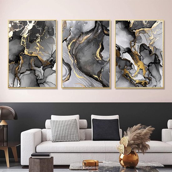 Abstracte fotoset, moderne afbeeldingen op canvas, woonkamer, slaapkamer, zwart gouden posters, wandafbeeldingen, kunstdecoratie - zonder lijst (30 x 40 cm x 3 stuks)