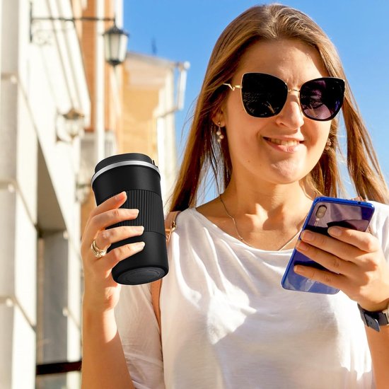 Thermobeker, koffiebeker met lekvrij deksel, thermobeker, isolatiebeker, roestvrij staal, reismok, koffiemok om mee te nemen, voor warm en koud water, koffie en thee, 380 ml, zwart
