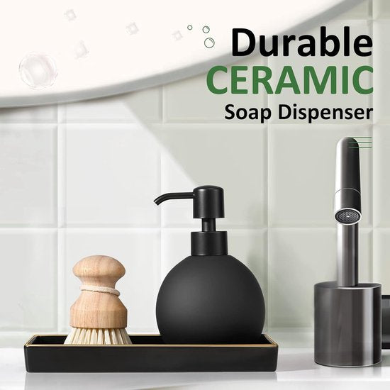 Zeepdispenser, 420 ml, Pompdispenser, Vloeibare zeep, Afwasmiddeldispenser, Keramische ronde lotiondispenser, Navulbare dispenser, Afwasmiddeldispenser, Elegante accessoires,