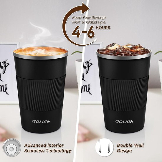 Thermobeker, koffiebeker met lekvrij deksel, thermobeker, isolatiebeker, roestvrij staal, reismok, koffiemok om mee te nemen, voor warm en koud water, koffie en thee, 380 ml, zwart