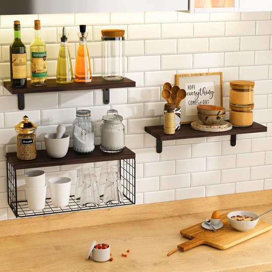 Houten wandplank, wandplank, 3+1-delige zwevende plank, keukenwandplank, planken voor muren, badkamerwandplank, wandboekenplank, wandplanken voor woonkamer, keuken, slaapkamer of kantoor.