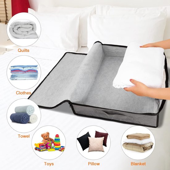 Opbergdoos, 2 stuks, opvouwbare onderbedcommode met kijkvenster en 4 handgrepen, 60 x 45 x 15 cm, kledingopslag voor kleding, dekens, dekbedden