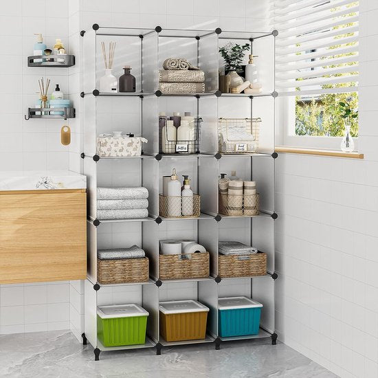Schoenenrek, DIY Cube reksysteem, set van 16 kubussen, 30 x 40 cm, ruimteverdeler van kunststof, opslag van kleding, schoenen en boeken, 16 stuks, semi-transparant