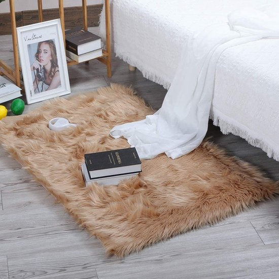 Imitatie lamsvacht schapenvacht tapijt, Kunstbont in superzacht imitatievacht tapijt voor slaapkamer vloer woonkamer woondecoratie tapijt bedmat bankmat (bruin, 60 x 90 cm)