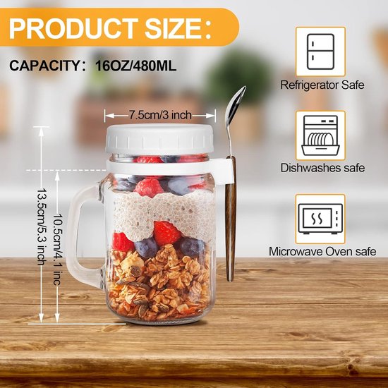 450 ml yoghurtbekers, Overnight Oats-glazen, 2 stuks Overnight Oats-containers met maatmarkeringen, Mason-potten met deksel voor Cereal On The Go-container, glazen ontbijtgranenbeker voor onderweg met lepel