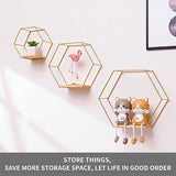 Set van 3 zeshoekige wandplanken, hangrek, metaal en hout, zwevende planken, wandopslag, organizer voor keukenrek, badkamer, slaapkamer, wanddecoratie (goud)