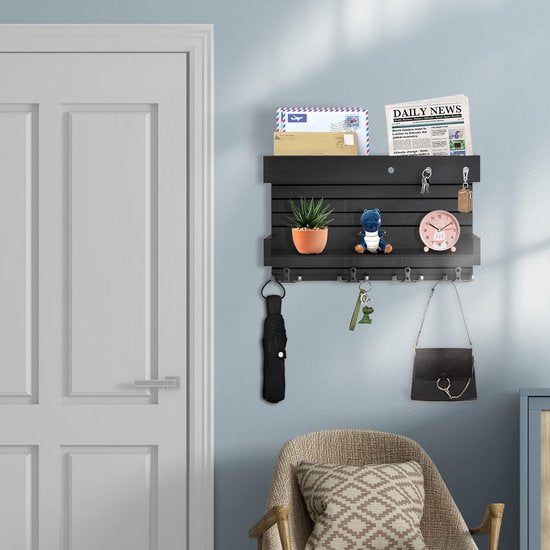 Sleutelrek met plank, wandsleutelhouder met 4 dubbele sleutelhaken, houten rek, sleutelorganisatie, postorganisatie, rustieke wooncultuur voor de entree