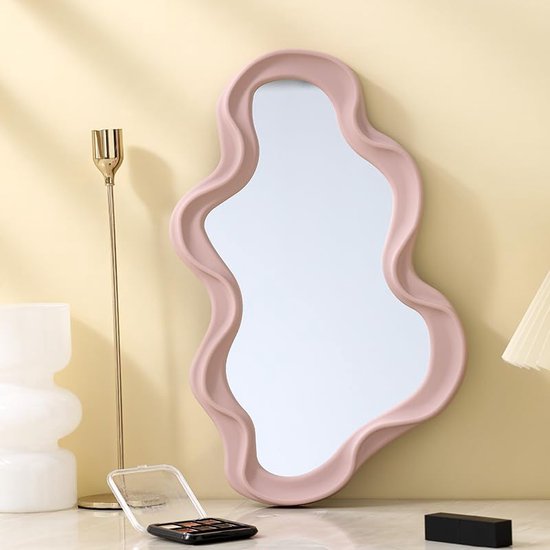 Onregelmatige frame wandspiegel, decoratieve spiegel, make-up spiegel, ijdelheidsspiegel voor badkamer, woonkamer, slaapkamer (roze)