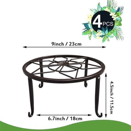 Bloemenstandaard, 4 stuks, metaal, zwart, bloemenkruk, plantenstandaard, smeedijzer, ronde plantenbak, bloemenpot, basis voor binnen en buiten, tuin (bruin)