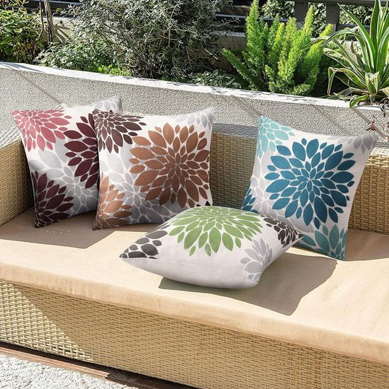 Kussensloop 40 x 40 cm, lente, modern, outdoor, bankkussen, kussenhoes, kussenhoezen, waterdicht, linnen, zomer, rood, dahlia, bloem, voor woonkamer, slaapkamer, bank, tuin, terras, decoratie, set van