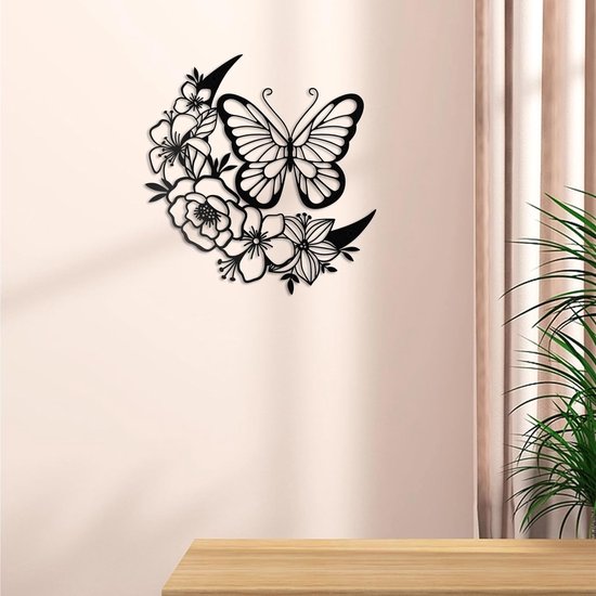 Maanvlinder metalen wanddecoratie, Boho muurkunst, bloemen muurkunst, hangende sculptuur voor binnen, woonkamer, slaapkamer, gangen, keuken en buiten, tuin, tuin, hekdecoratie