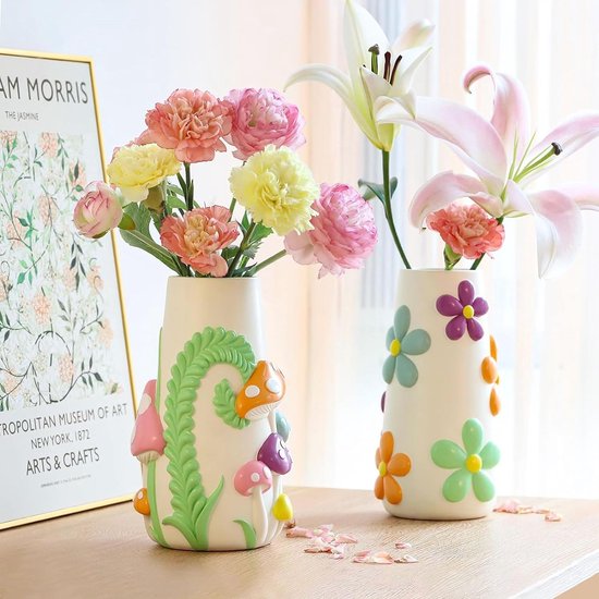 Beschilderde paddenstoelvaas voor bloemen, kleurrijke unieke 3D-bloemenvaas, 20 cm hoog, regenboog, funky paddenstoelvazen, decoratie, vaas voor pampasgras, grappig, veelzijdige tuingeschenken.