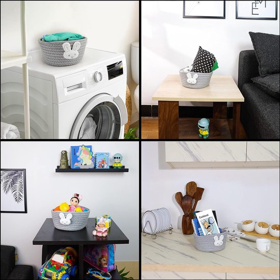 Kleine schattige gevlochten mand - B 19 x H 9,5 cm - Katoenen touwmand voor wasgoed, katten- en hondenspeelgoed - Decoratieve mand voor woonkamerplanken in de kinderkamer - Konijnenontwerp